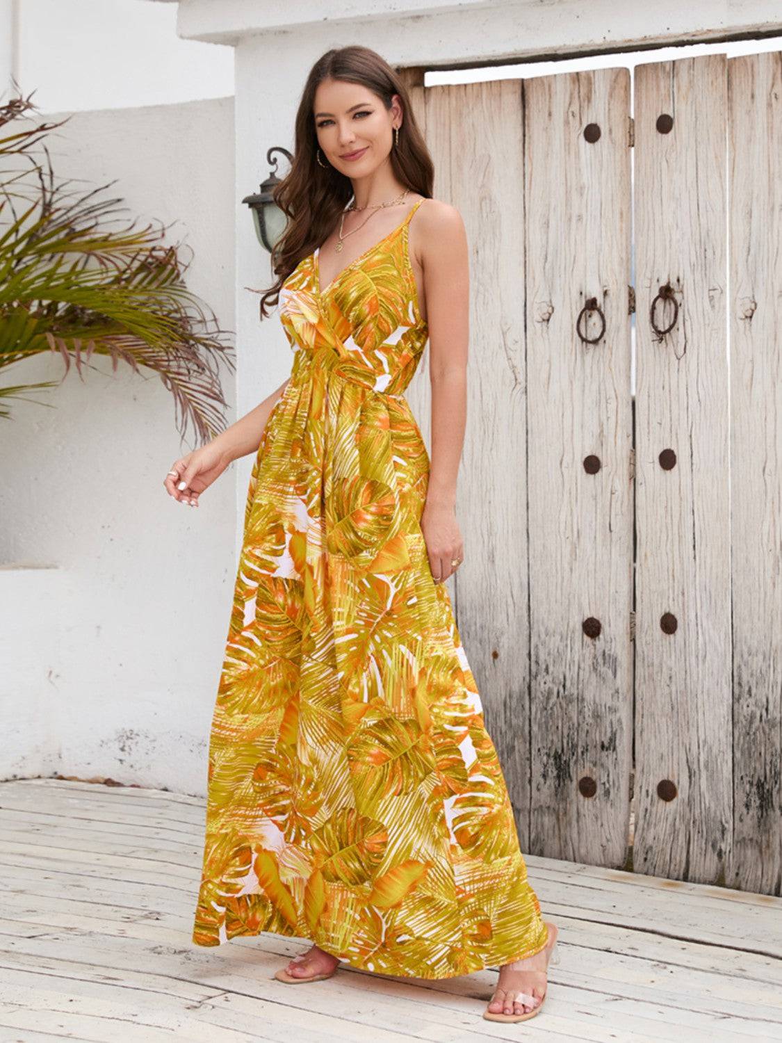 Printed Surplice Spaghetti Strap Dress - Siennasass