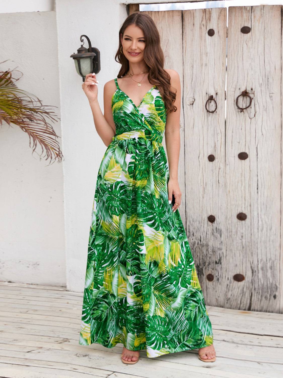 Printed Surplice Spaghetti Strap Dress - Siennasass