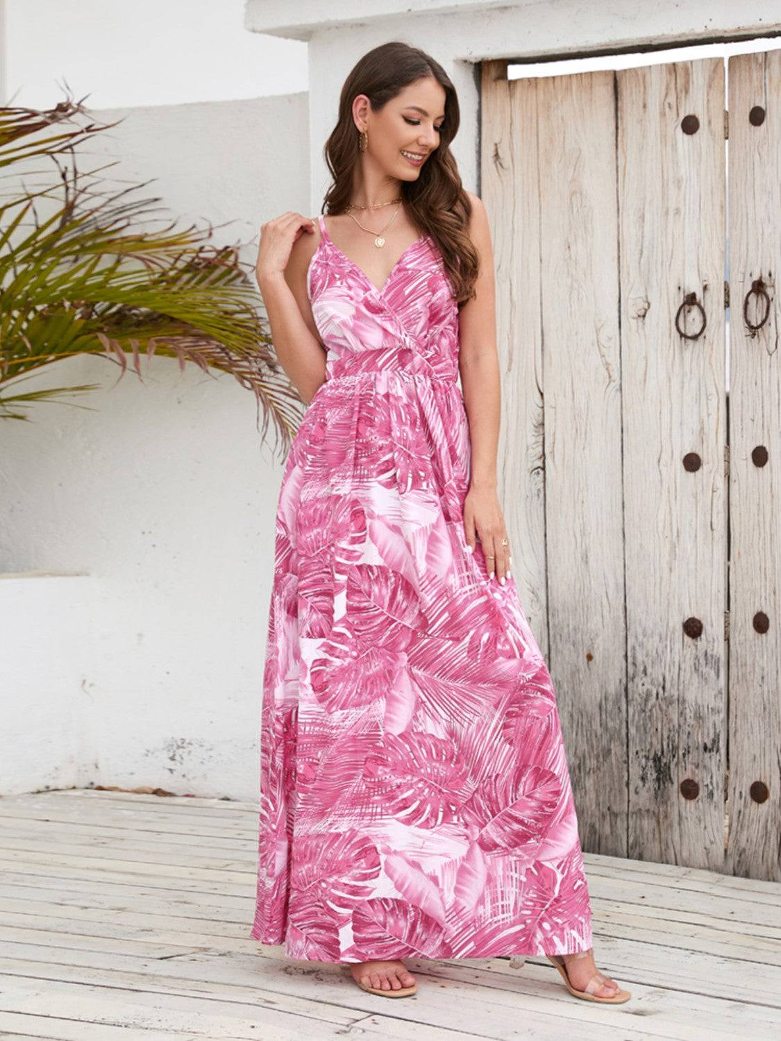 Printed Surplice Spaghetti Strap Dress - Siennasass