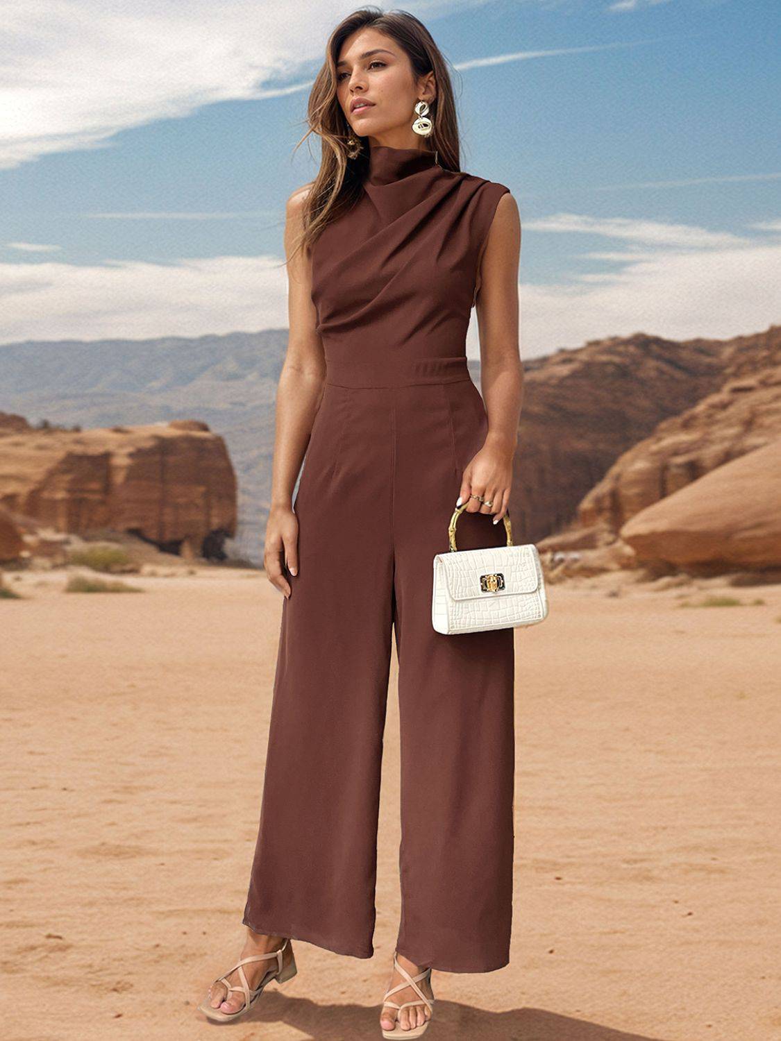 Ruched Mock Neck Sleeveless Jumpsuit - Siennasass