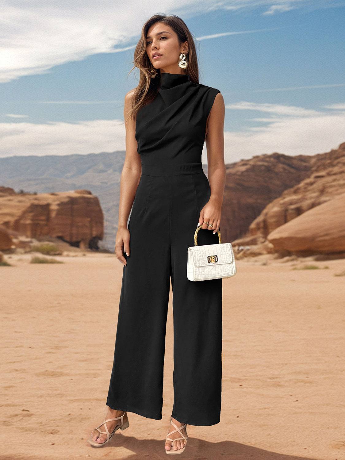 Ruched Mock Neck Sleeveless Jumpsuit - Siennasass