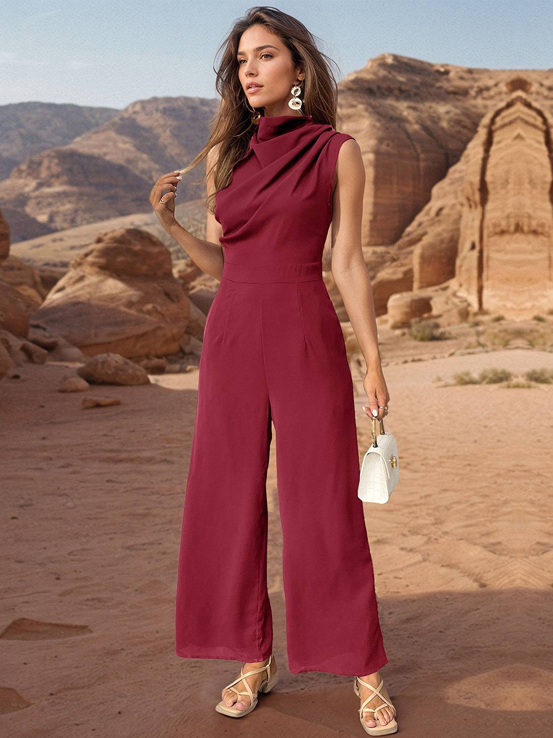 Ruched Mock Neck Sleeveless Jumpsuit - Siennasass