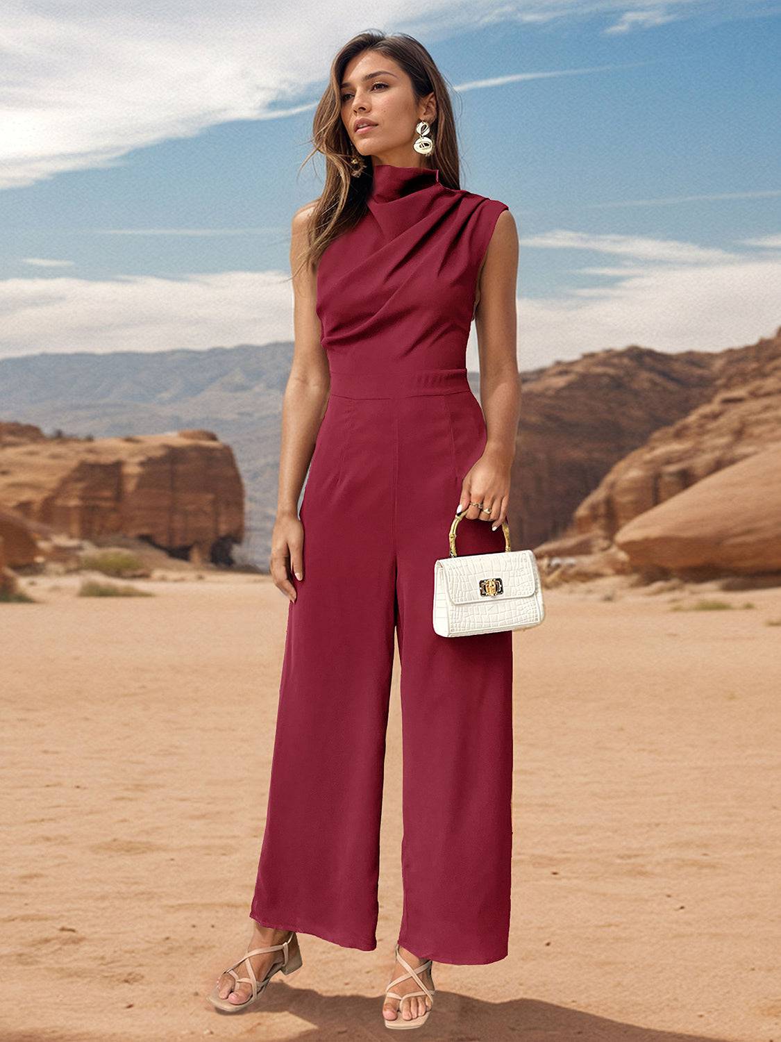 Ruched Mock Neck Sleeveless Jumpsuit - Siennasass