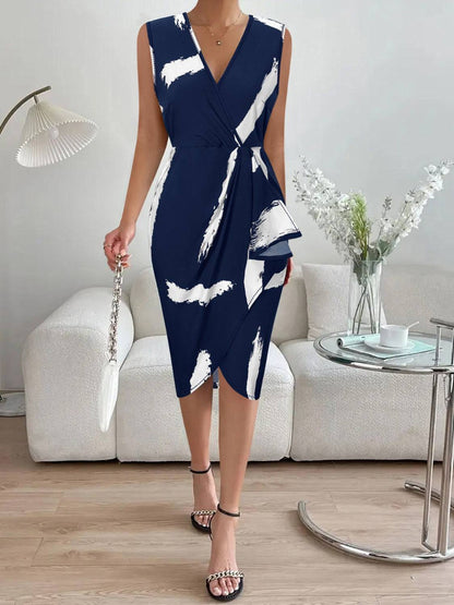 Printed Surplice Sleeveless Knee Length Dress - Siennasass