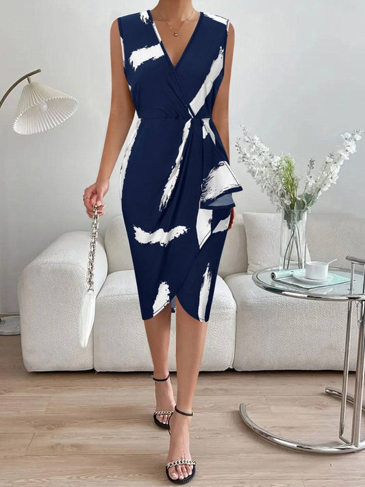 Printed Surplice Sleeveless Knee Length Dress - Siennasass