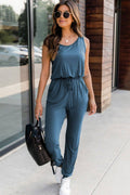 Drawstring Round Neck Sleeveless Jumpsuit - Siennasass
