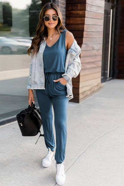 Drawstring Round Neck Sleeveless Jumpsuit - Siennasass