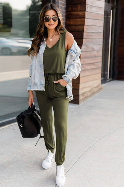 Drawstring Round Neck Sleeveless Jumpsuit - Siennasass