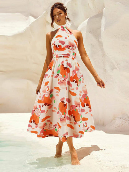 Ruched Printed Halter Neck Sleeveless Dress - Siennasass