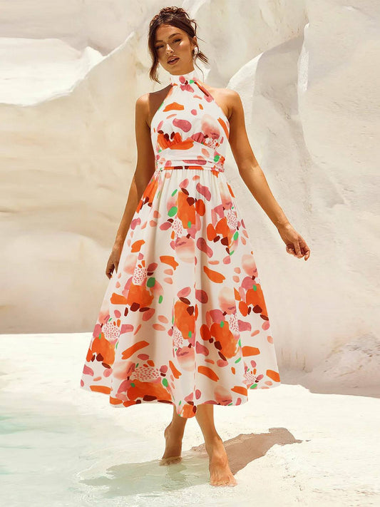 Ruched Printed Halter Neck Sleeveless Dress - Siennasass