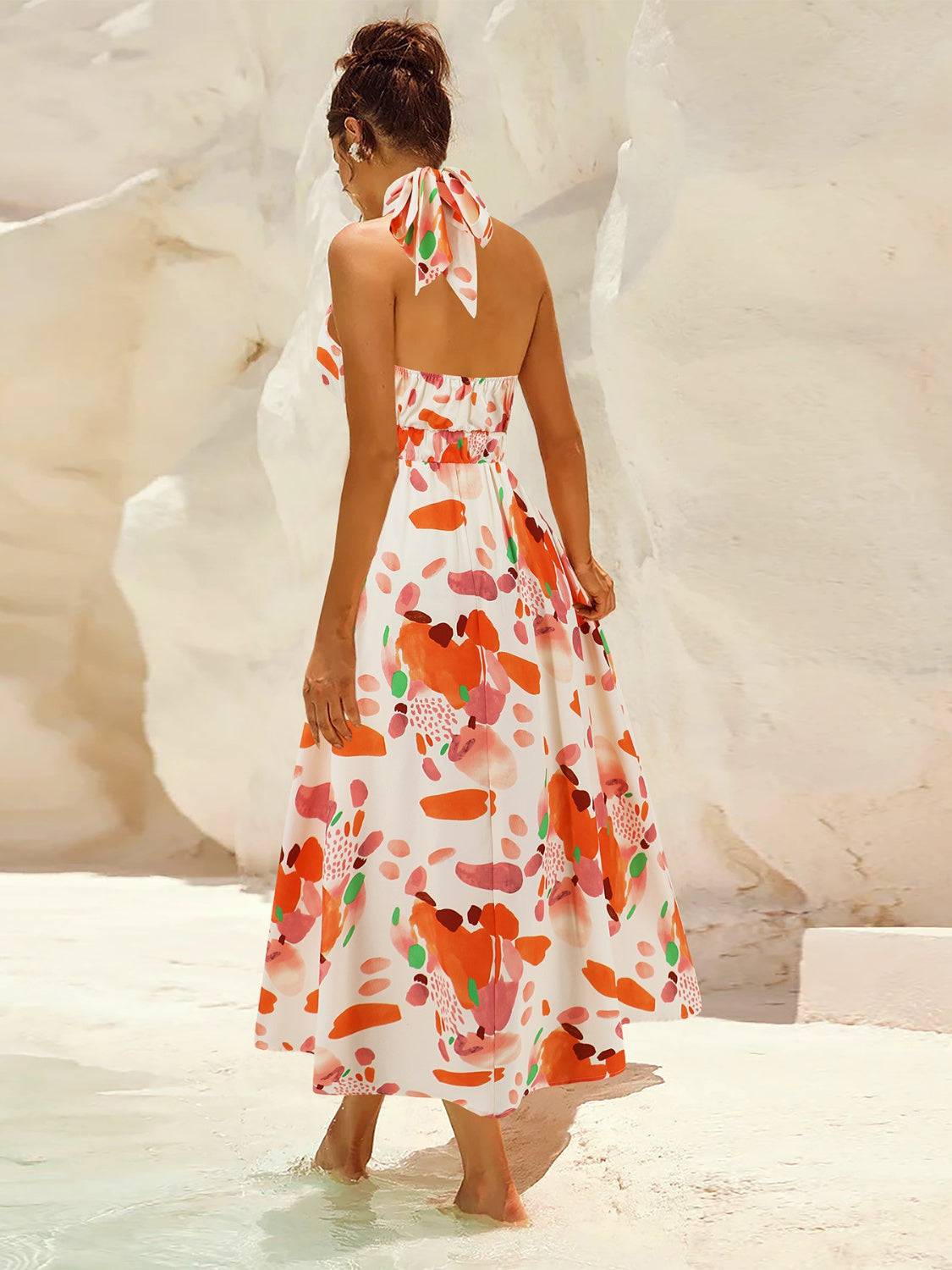 Ruched Printed Halter Neck Sleeveless Dress - Siennasass