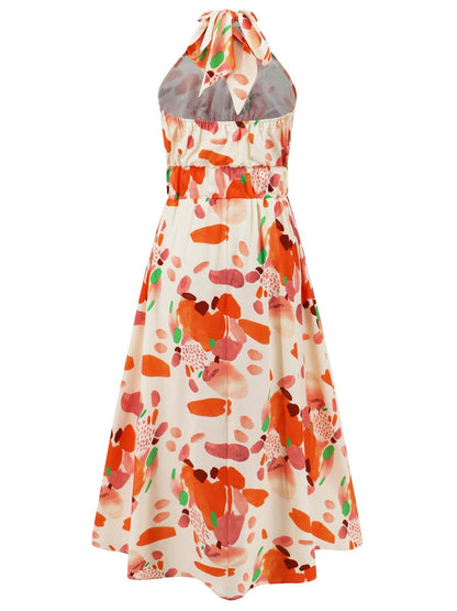 Ruched Printed Halter Neck Sleeveless Dress - Siennasass