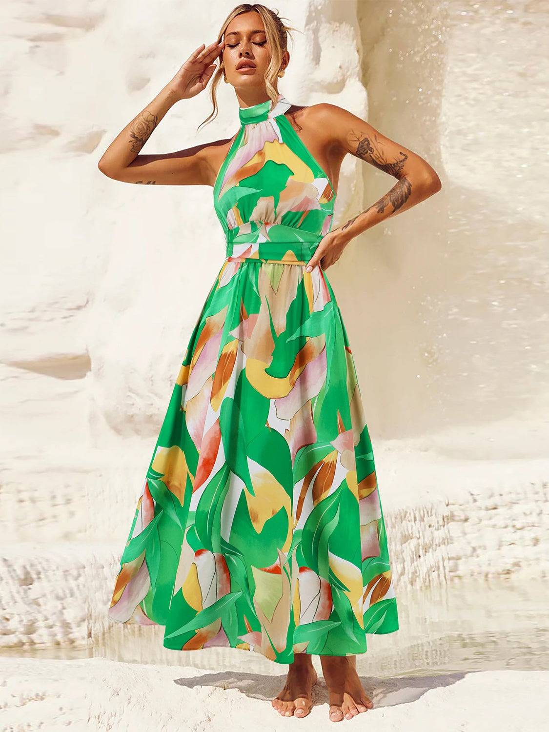 Ruched Printed Halter Neck Sleeveless Dress - Siennasass