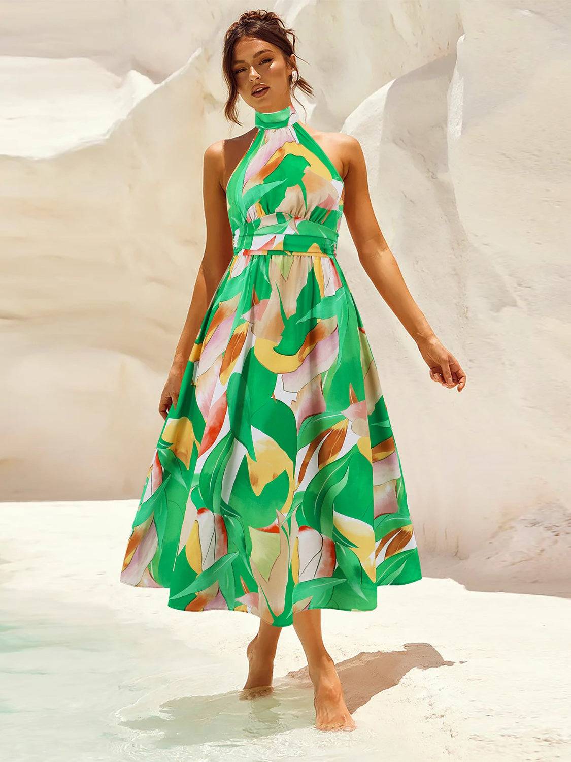 Ruched Printed Halter Neck Sleeveless Dress - Siennasass