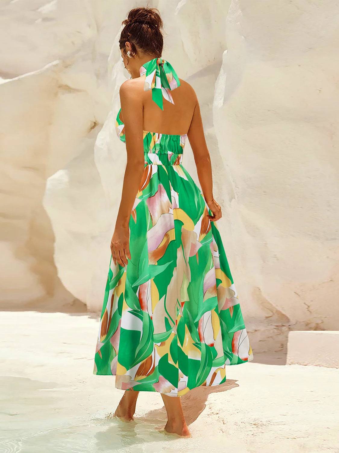 Ruched Printed Halter Neck Sleeveless Dress - Siennasass