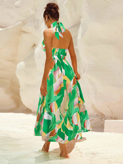 Ruched Printed Halter Neck Sleeveless Dress - Siennasass