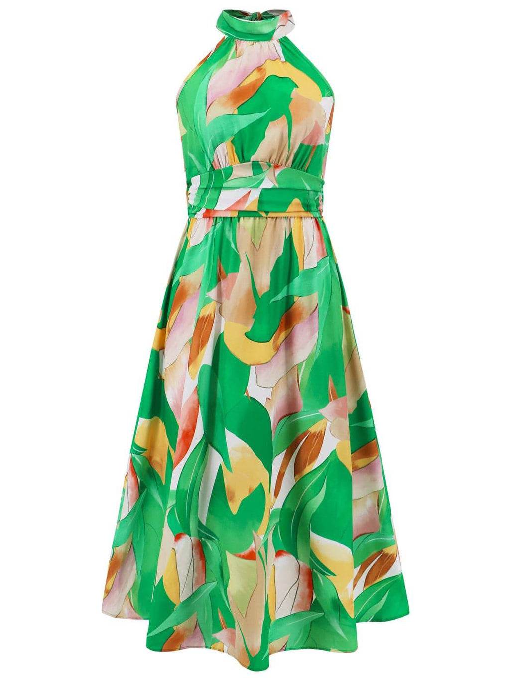 Ruched Printed Halter Neck Sleeveless Dress - Siennasass