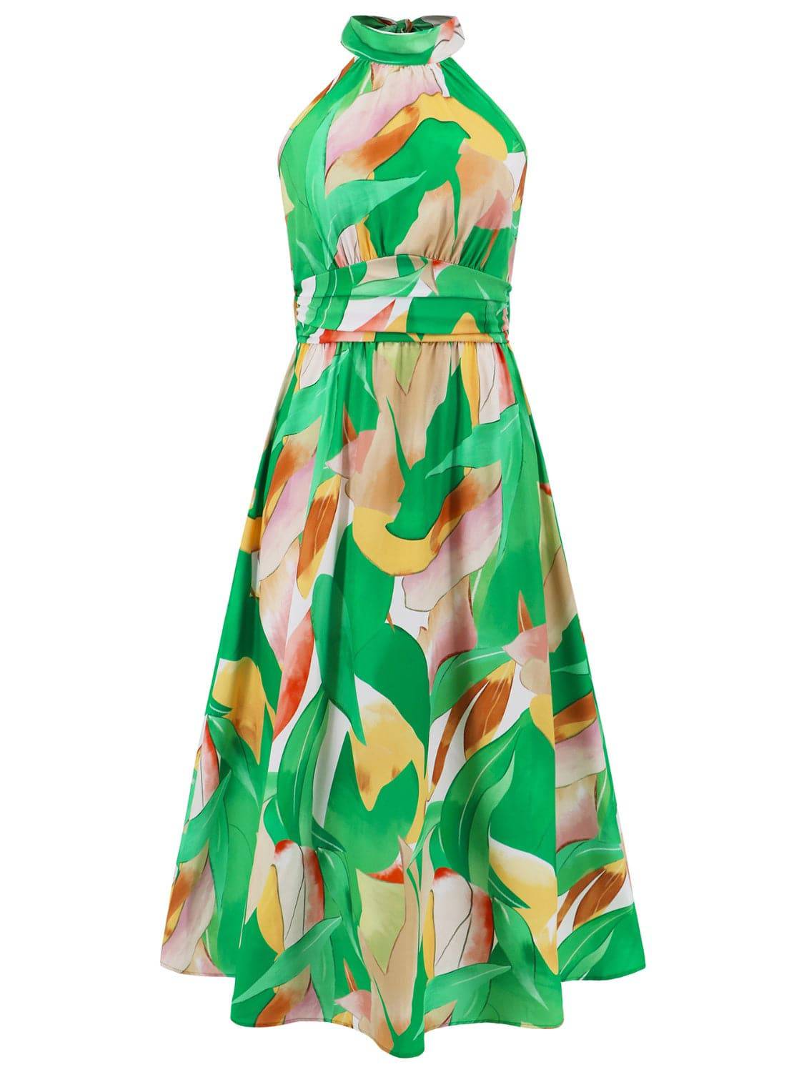 Ruched Printed Halter Neck Sleeveless Dress - Siennasass