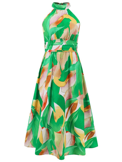 Ruched Printed Halter Neck Sleeveless Dress - Siennasass
