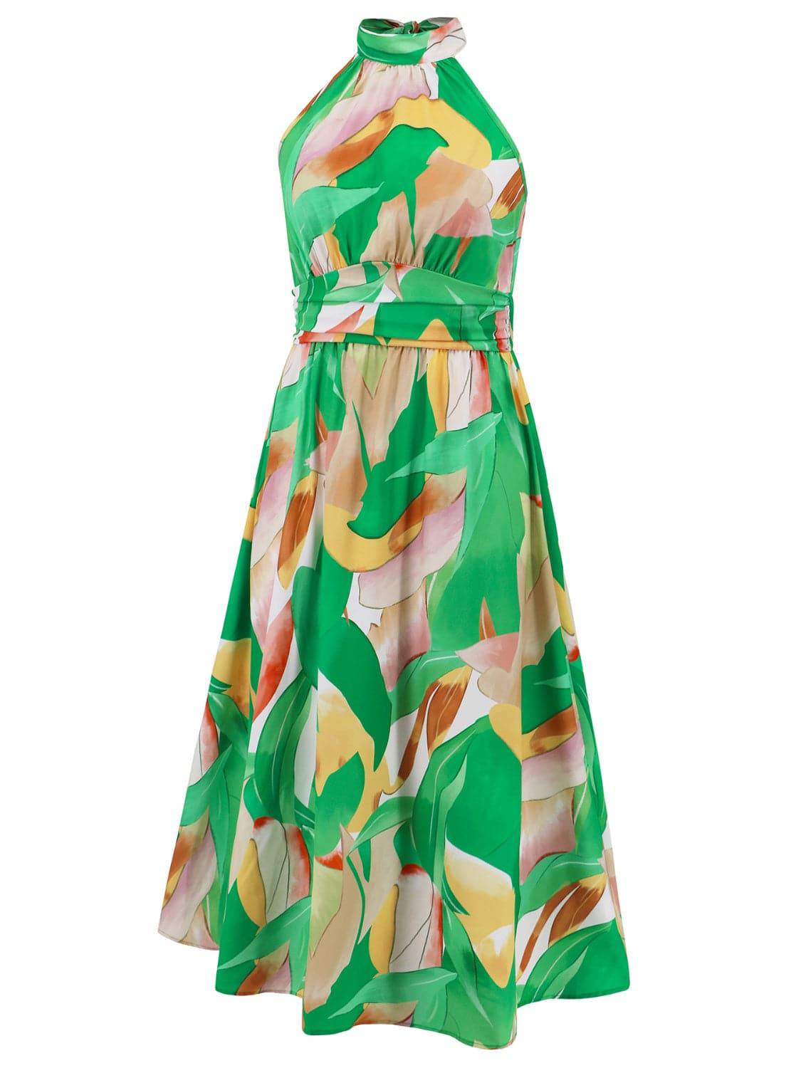 Ruched Printed Halter Neck Sleeveless Dress - Siennasass