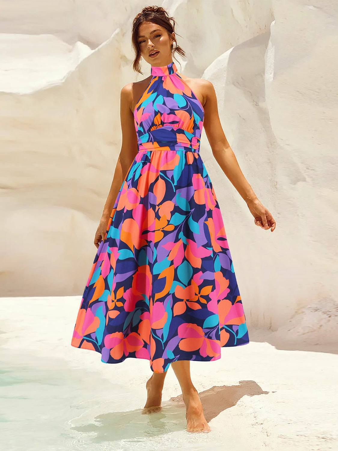 Ruched Printed Halter Neck Sleeveless Dress - Siennasass