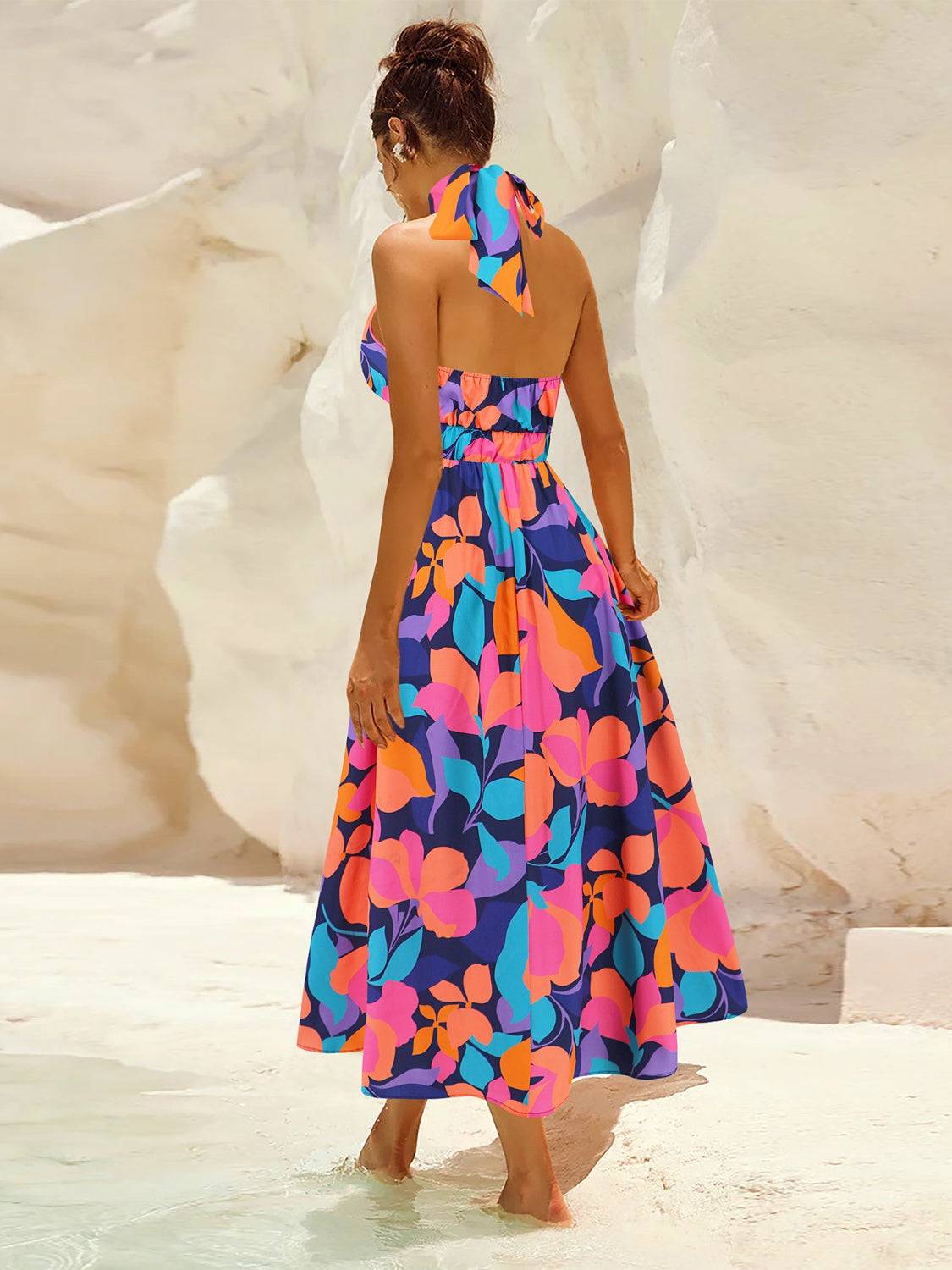 Ruched Printed Halter Neck Sleeveless Dress - Siennasass