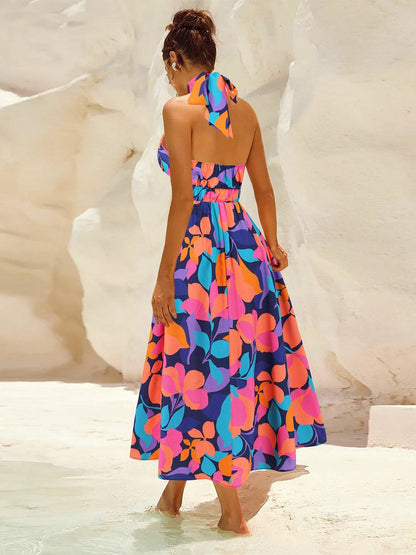 Ruched Printed Halter Neck Sleeveless Dress - Siennasass