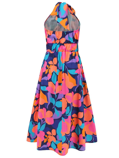 Ruched Printed Halter Neck Sleeveless Dress - Siennasass