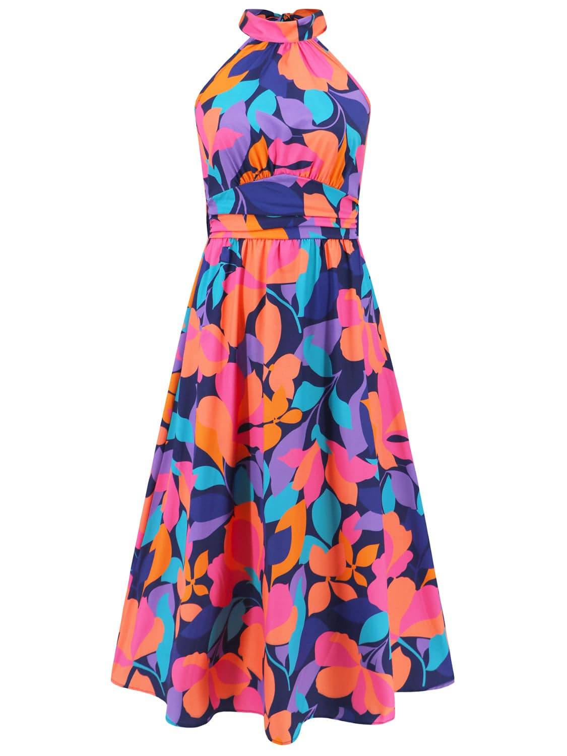 Ruched Printed Halter Neck Sleeveless Dress - Siennasass