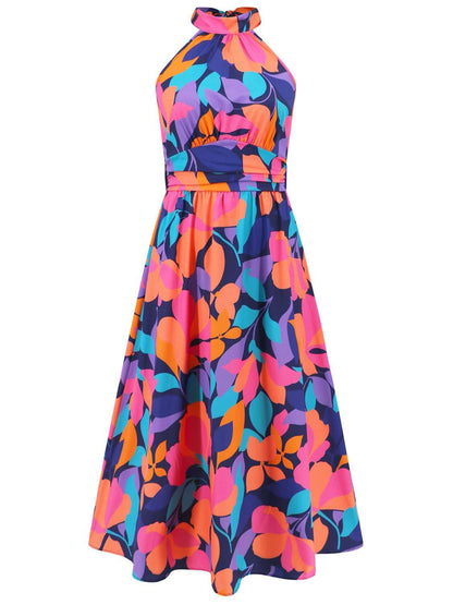Ruched Printed Halter Neck Sleeveless Dress - Siennasass