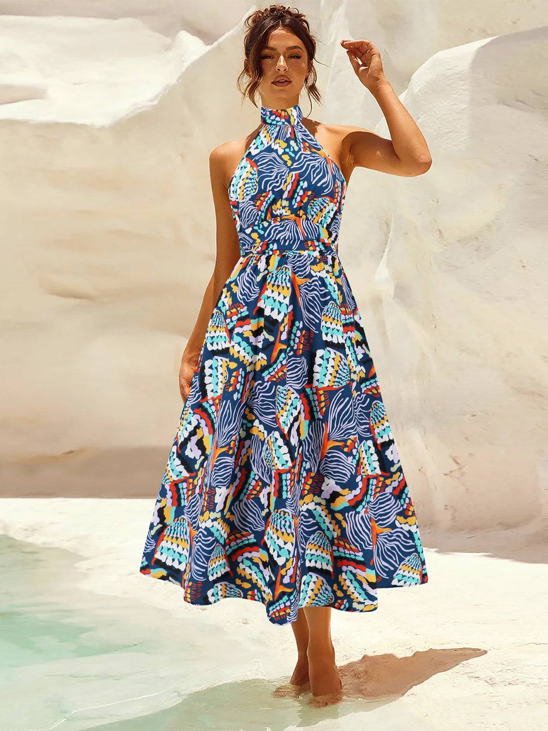 Ruched Printed Halter Neck Sleeveless Dress - Siennasass