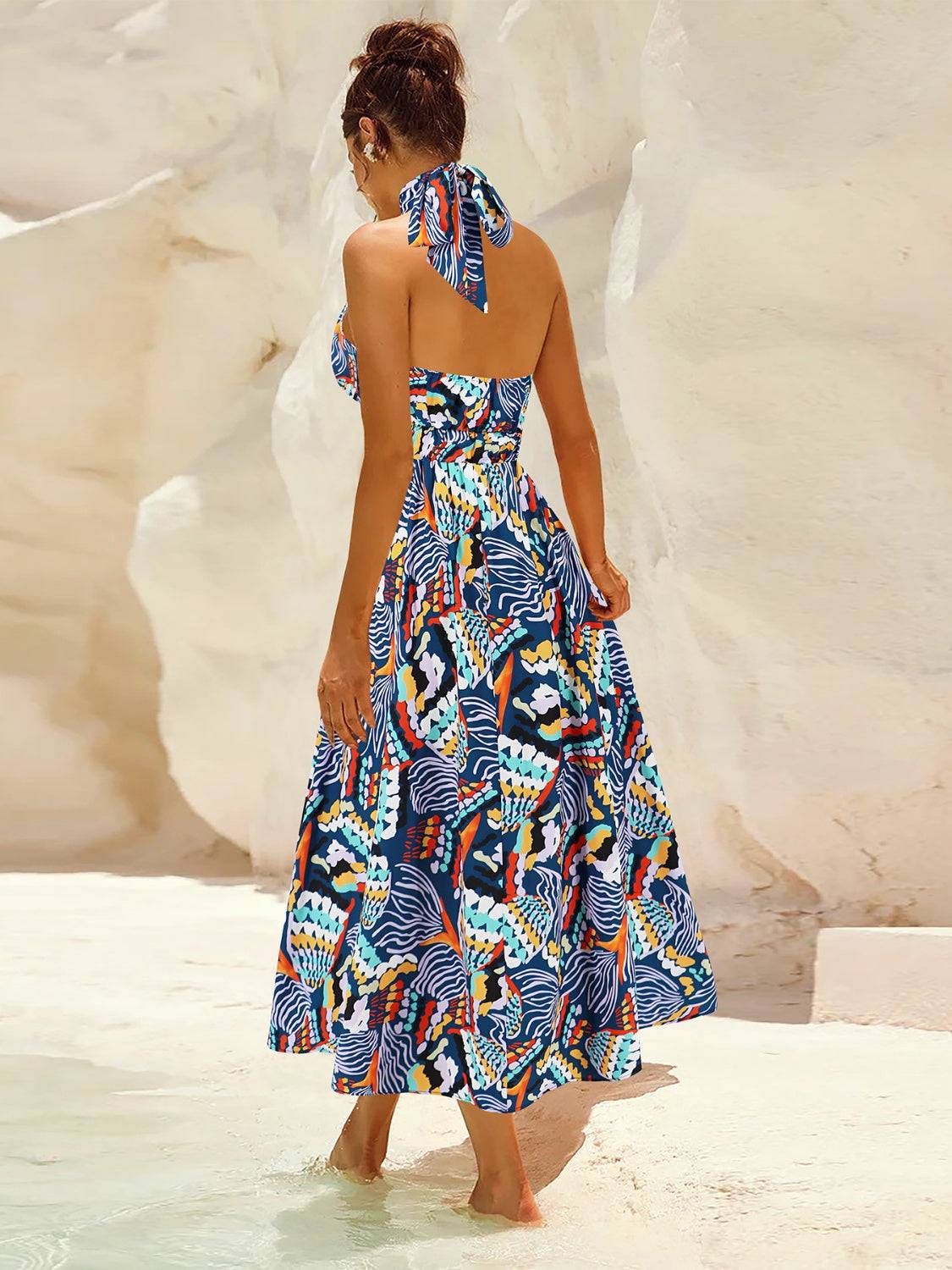 Ruched Printed Halter Neck Sleeveless Dress - Siennasass
