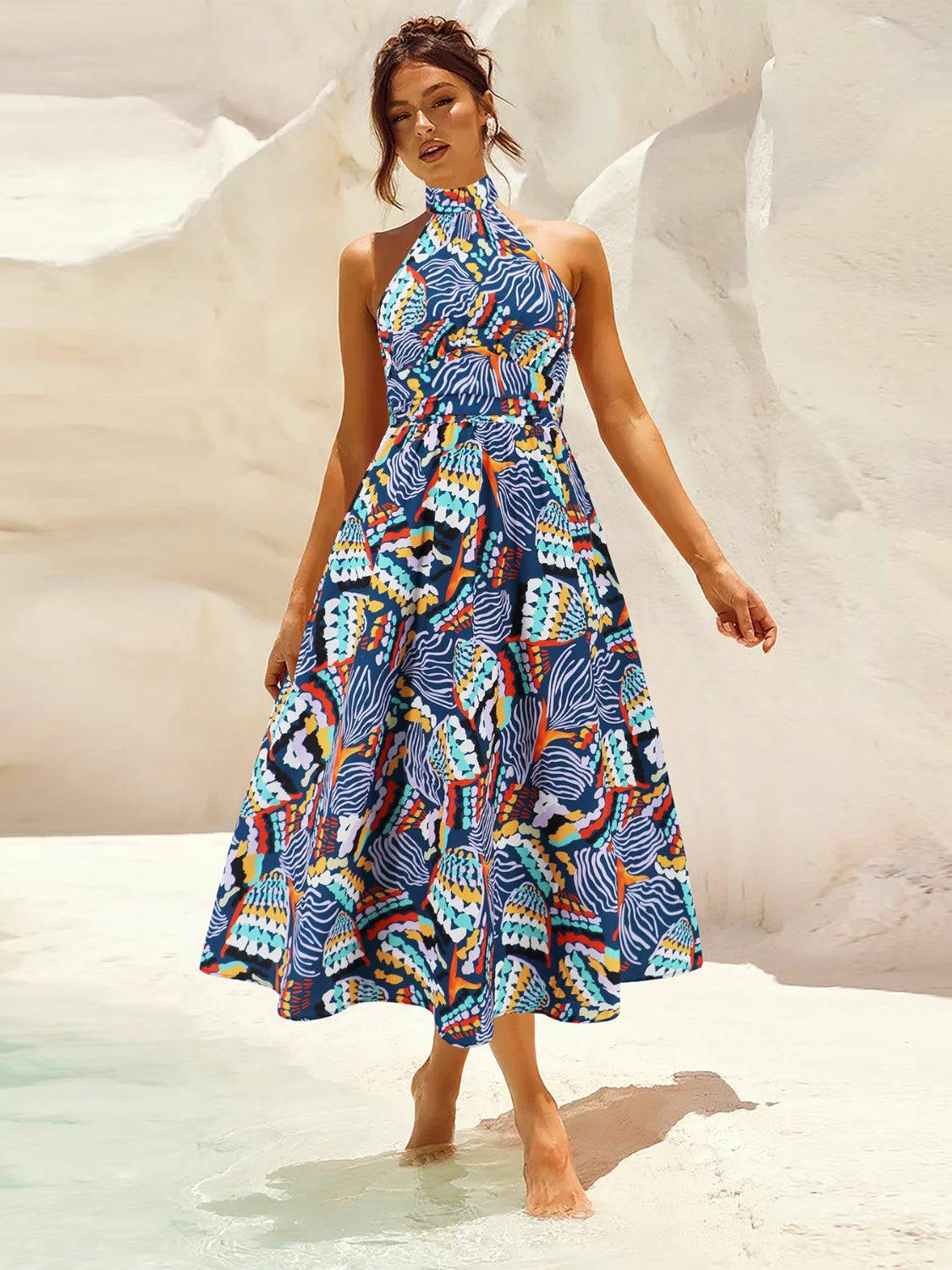 Ruched Printed Halter Neck Sleeveless Dress - Siennasass