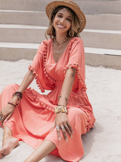 Tassel Trim Smocked V-Neck Short Sleeve Dress - Siennasass