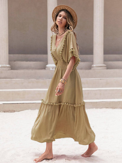 Tassel Trim Smocked V-Neck Short Sleeve Dress - Siennasass
