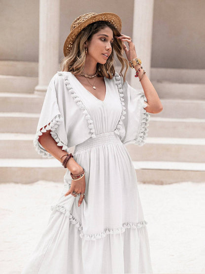 Tassel Trim Smocked V-Neck Short Sleeve Dress - Siennasass