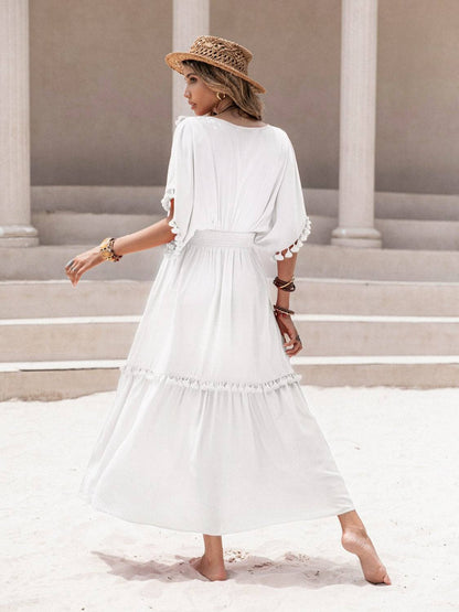 Tassel Trim Smocked V-Neck Short Sleeve Dress - Siennasass