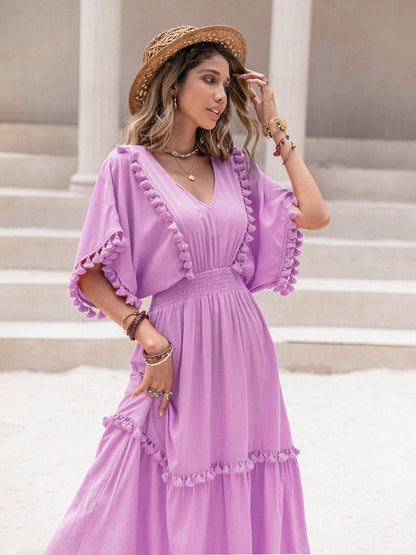 Tassel Trim Smocked V-Neck Short Sleeve Dress - Siennasass