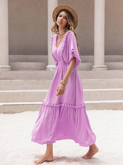 Tassel Trim Smocked V-Neck Short Sleeve Dress - Siennasass