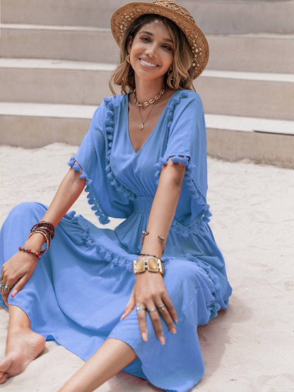 Tassel Trim Smocked V-Neck Short Sleeve Dress - Siennasass