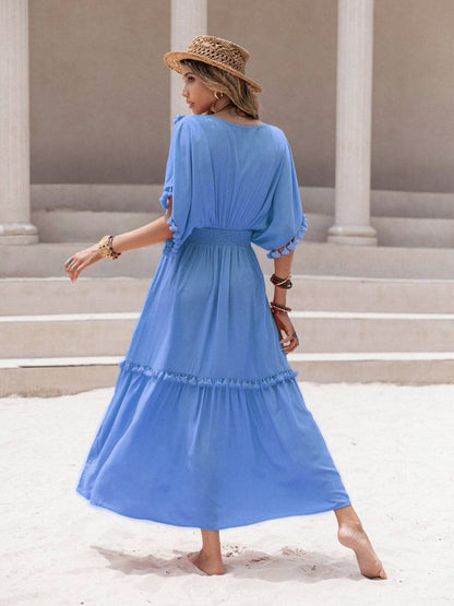 Tassel Trim Smocked V-Neck Short Sleeve Dress - Siennasass