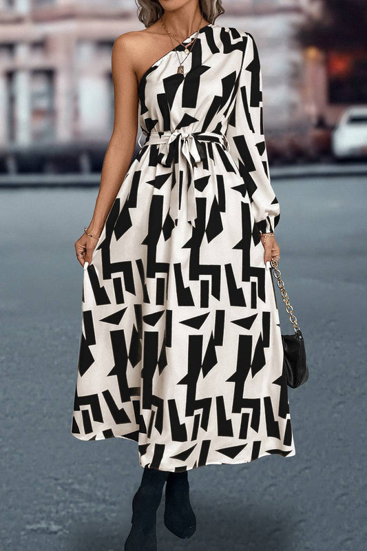 Bedrucktes One-Shoulder-Kleid mit Taillenschnürung