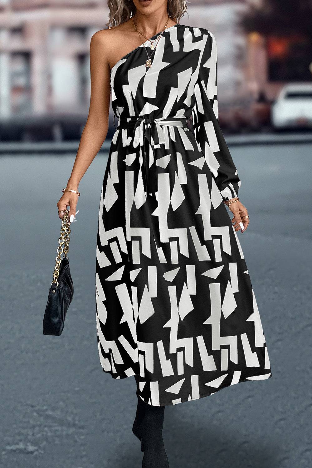 Bedrucktes One-Shoulder-Kleid mit Taillenschnürung