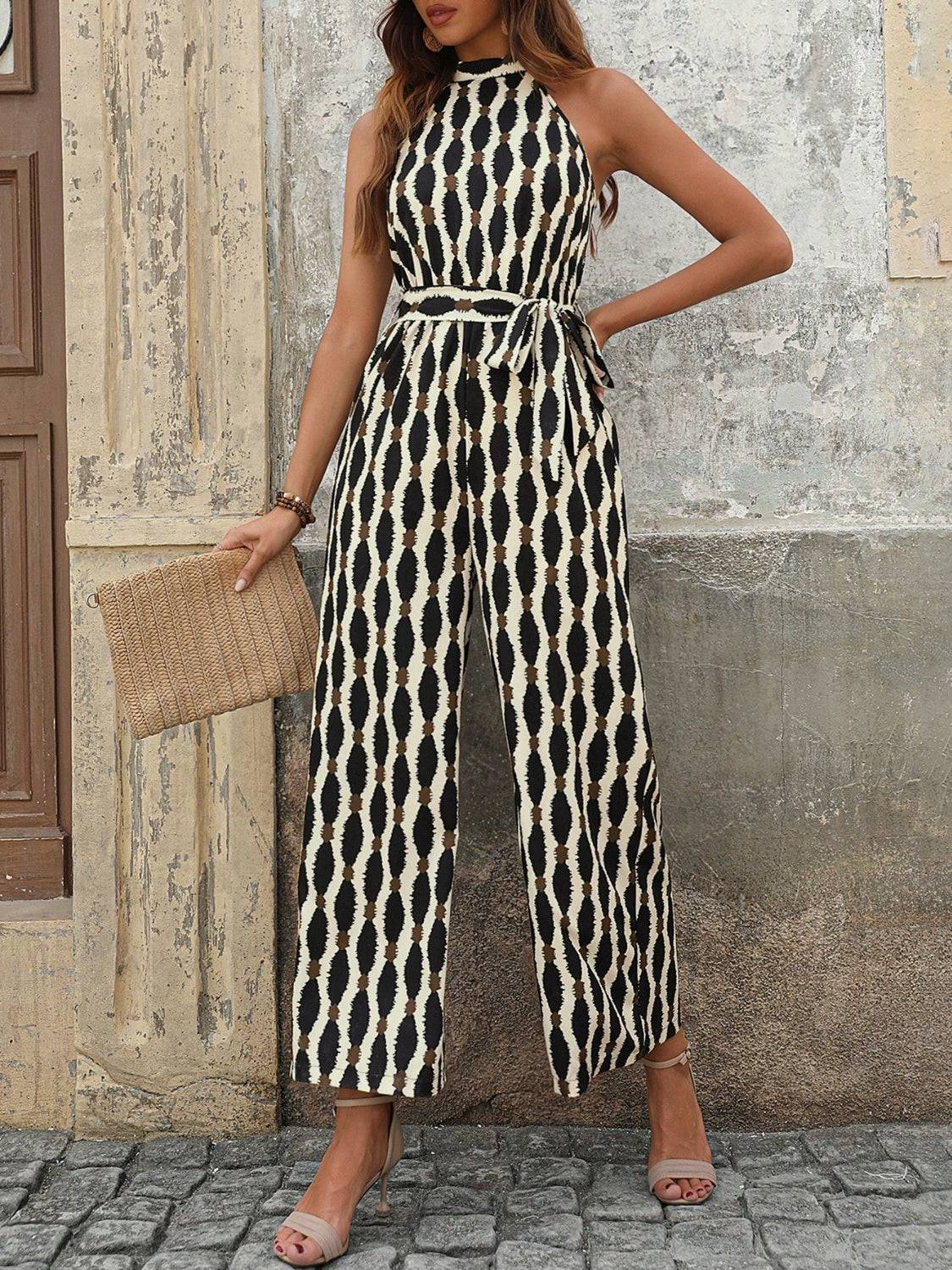 Tied Printed Grecian Neck Jumpsuit - Siennasass