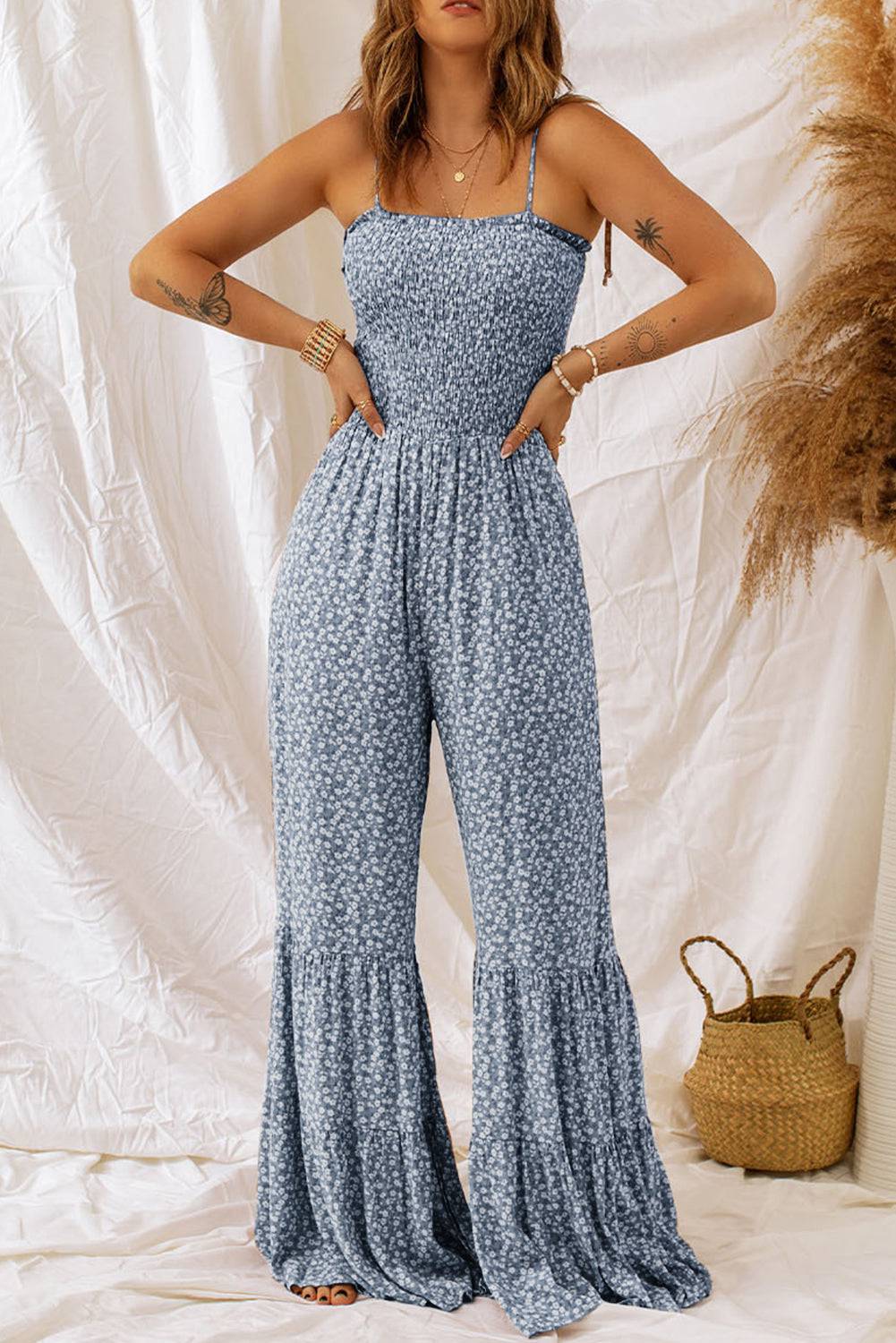 Smocked Printed Wide Strap Jumpsuit - Siennasass