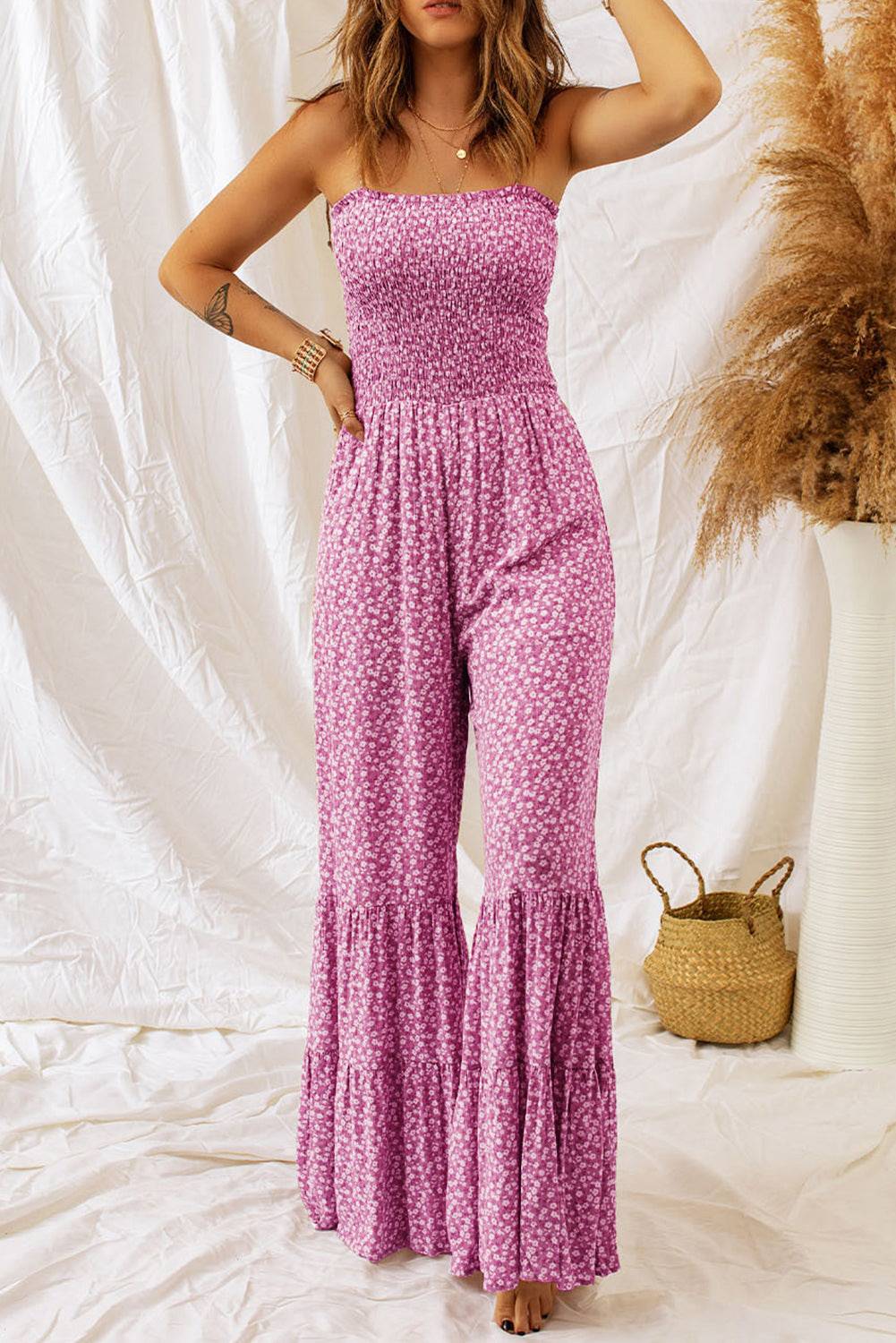 Smocked Printed Wide Strap Jumpsuit - Siennasass