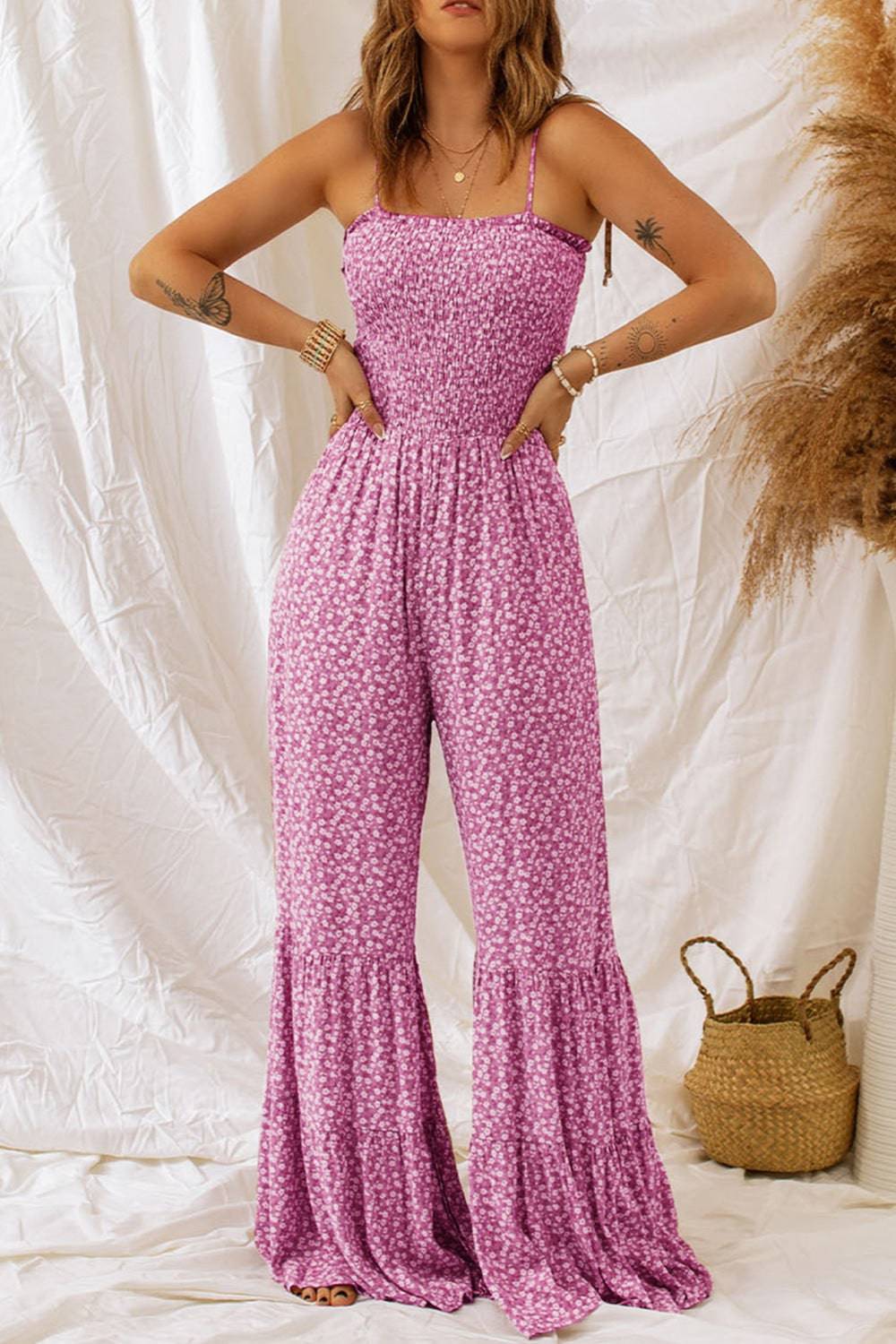 Smocked Printed Wide Strap Jumpsuit - Siennasass