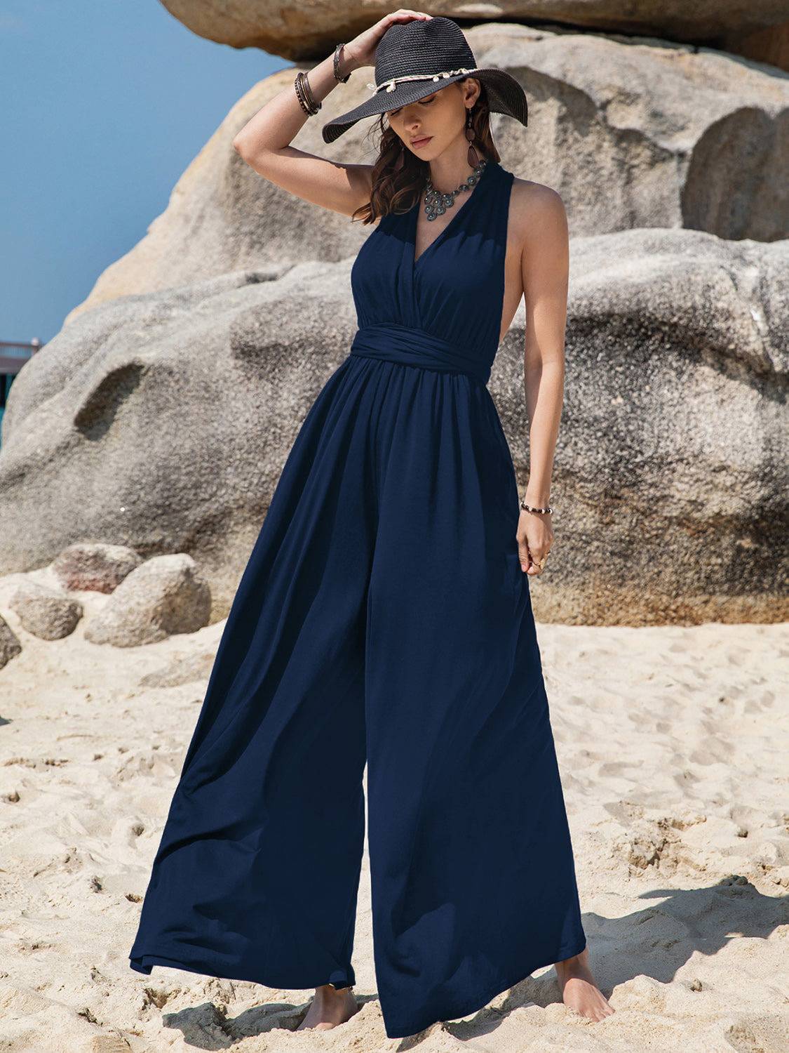 Surplice Wide Leg Jumpsuit with Free Tie - Siennasass
