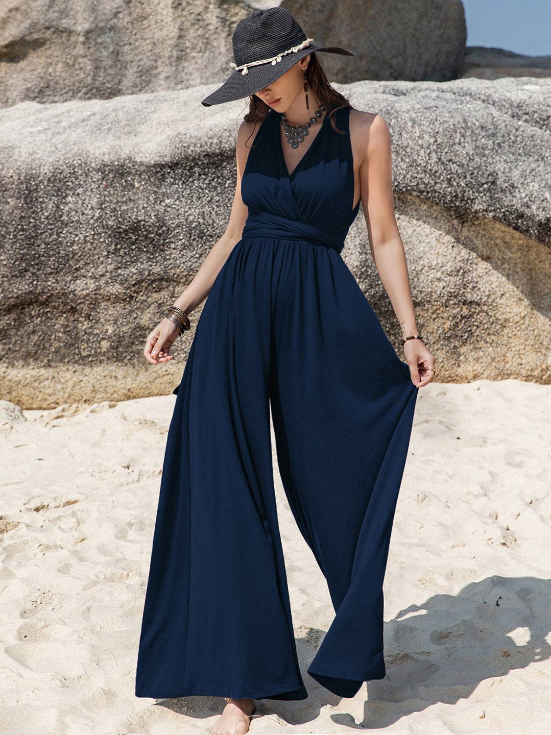 Surplice Wide Leg Jumpsuit with Free Tie - Siennasass