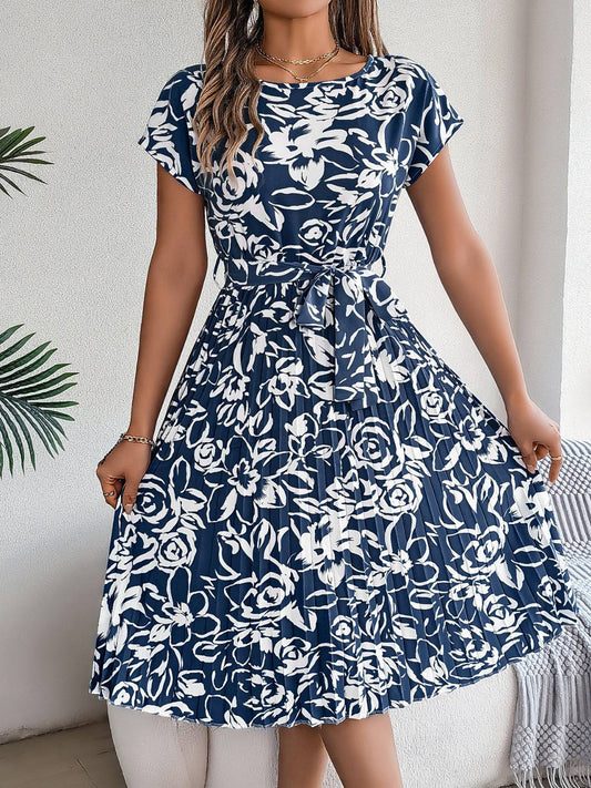 Tied Pleated Printed Short Sleeve Dress - Siennasass
